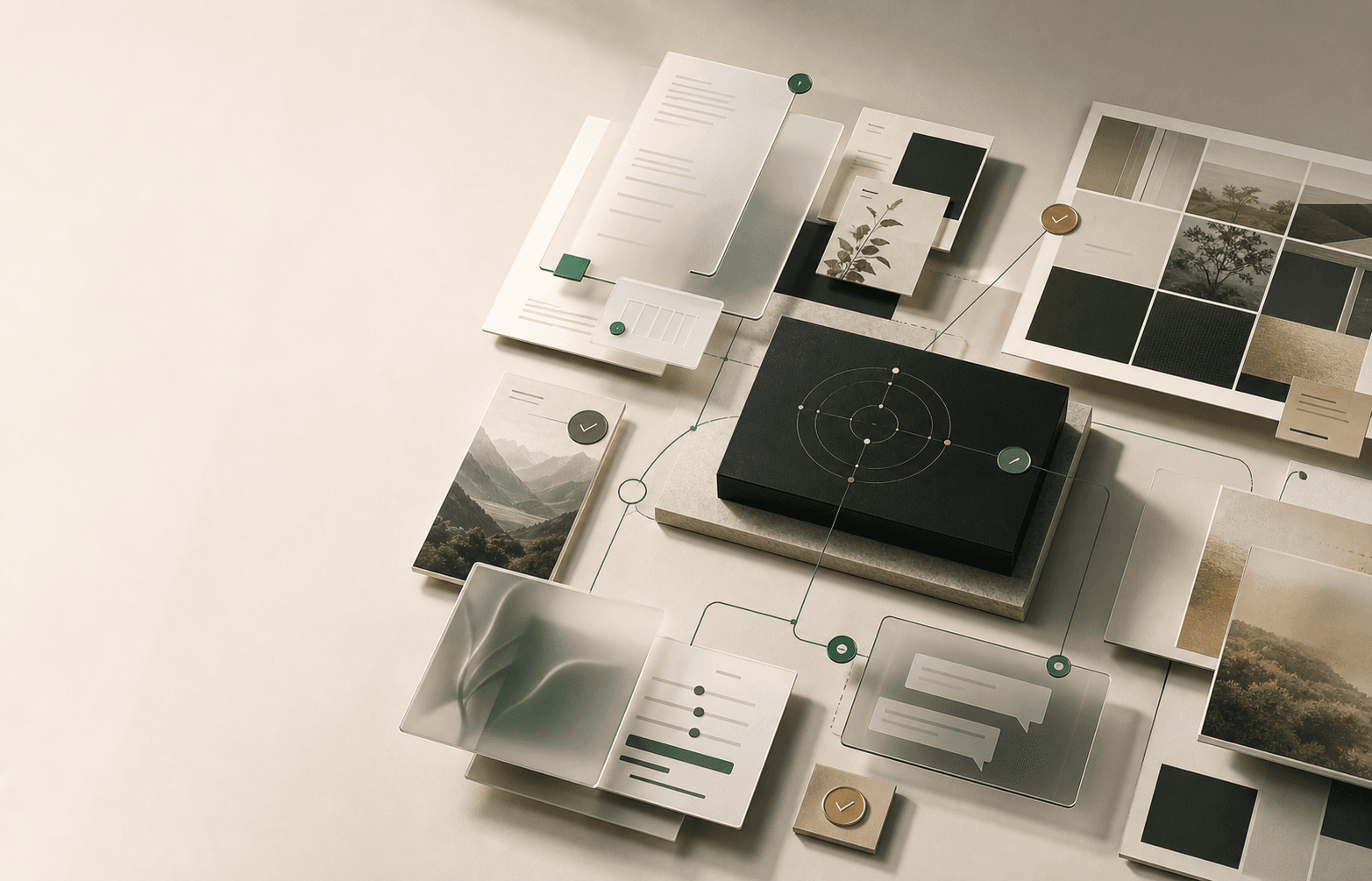 Documents, imagery, identity material, product direction, goals, and notes composed around one current direction